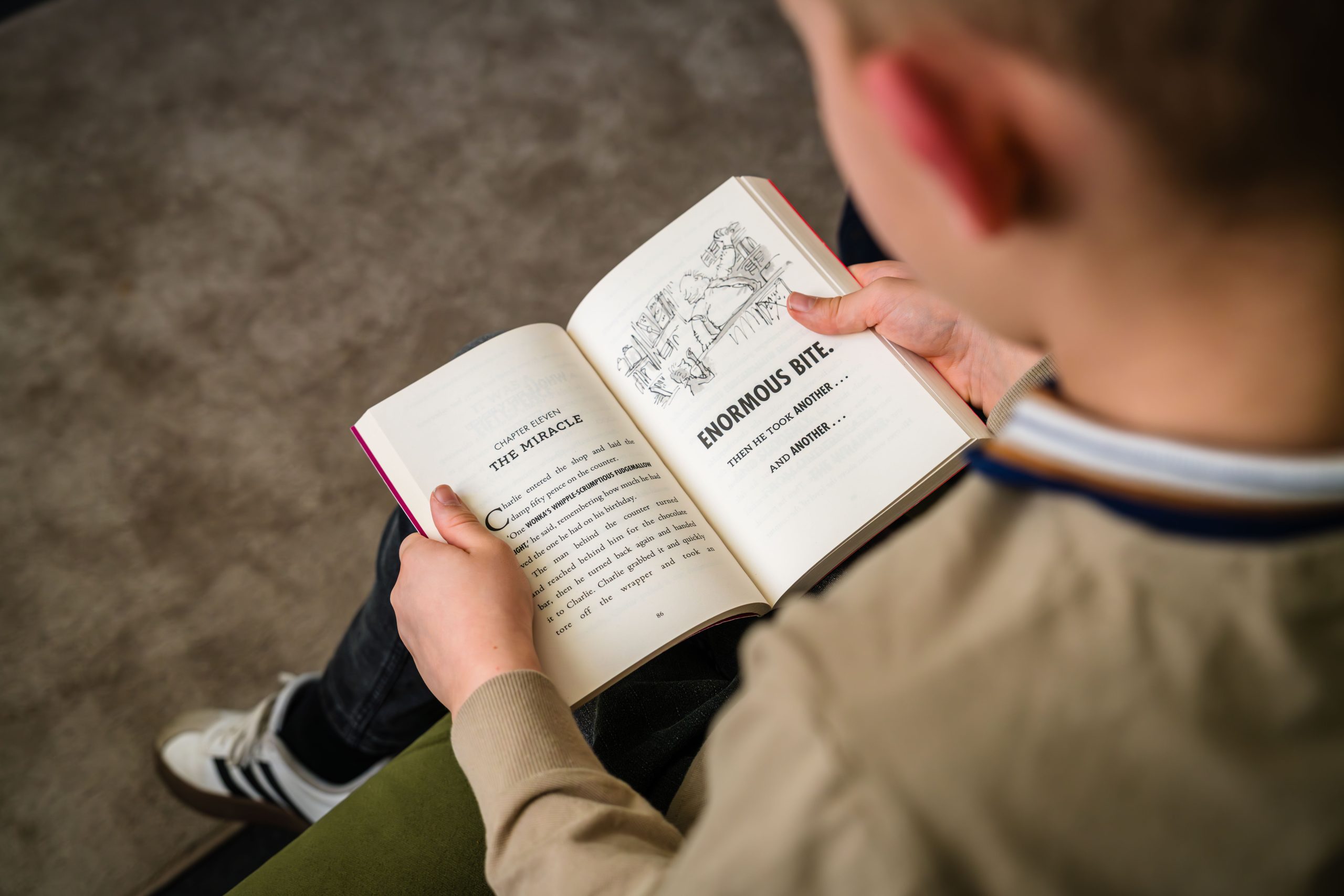 Primary-aged boy reading independently during a 1:1 learning session at House of Orkney Education, Lantern Rooms, Whitley Bay